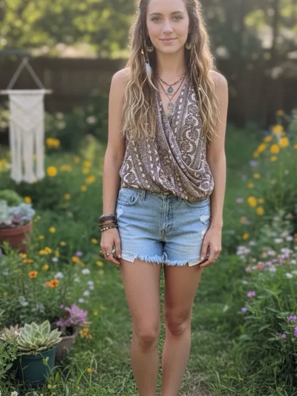 Free People Brown Paisley Draped V-Neck Tank